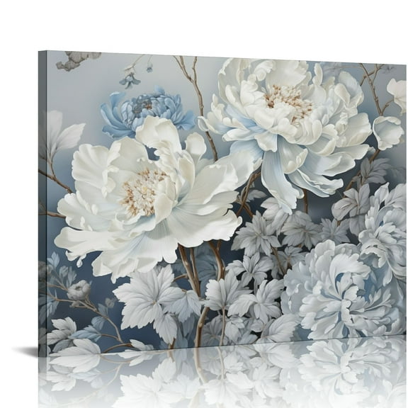 COMIO Flower Canvas Wall Art for Living Room Large White Blue Flower Picture Giclee Print Painting Wall Decor Framed Artwork Ready to Hang for Home Bedroom Wall Decoration