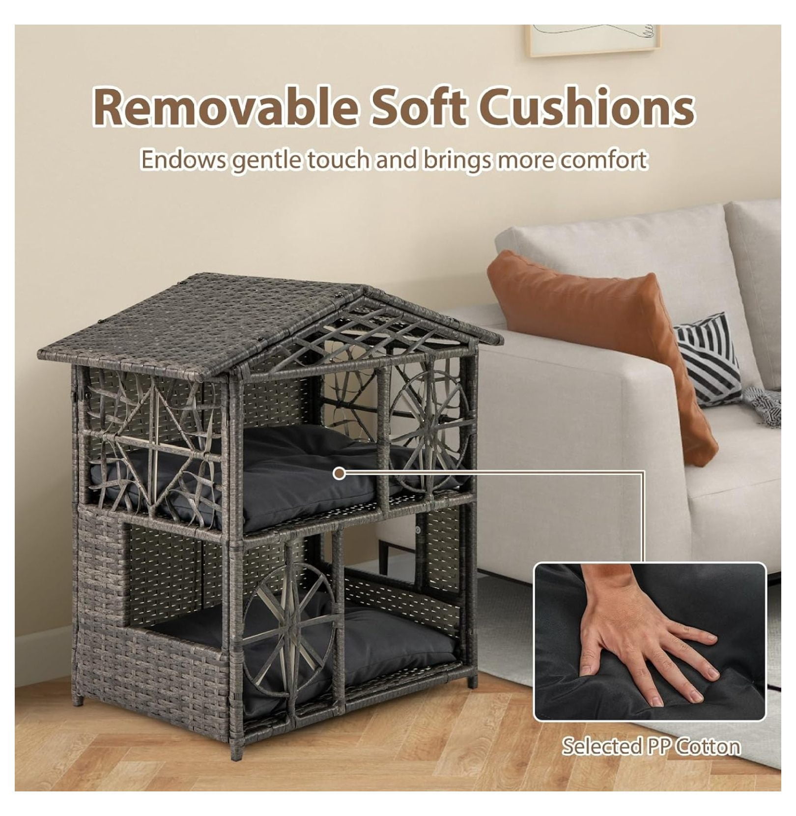 2-Story Rattan Cat House, Indoor Outdoor Aesthetic Large Kitten Cave Hideaway with Soft Removable Cushions, Side Entrances, 27 x 16 x 27.5 inches