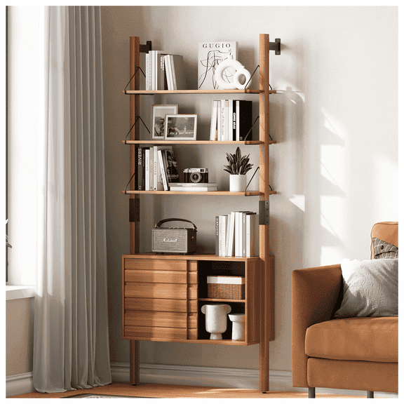 JOINICE Mid Century Modern Wall Mounted Ladder Bookshelf with Storage Cabinet,6 Tier Open Display Rack,for Living Room, Bedroom, Home Office, Cherry