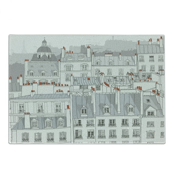 Paris Cutting Board, Aerial View Illustration of Roofs Attics of Paris City European Buildings, Decorative Tempered Glass Cutting and Serving Board, Small Size, Pale Grey Orange White, by Ambesonne