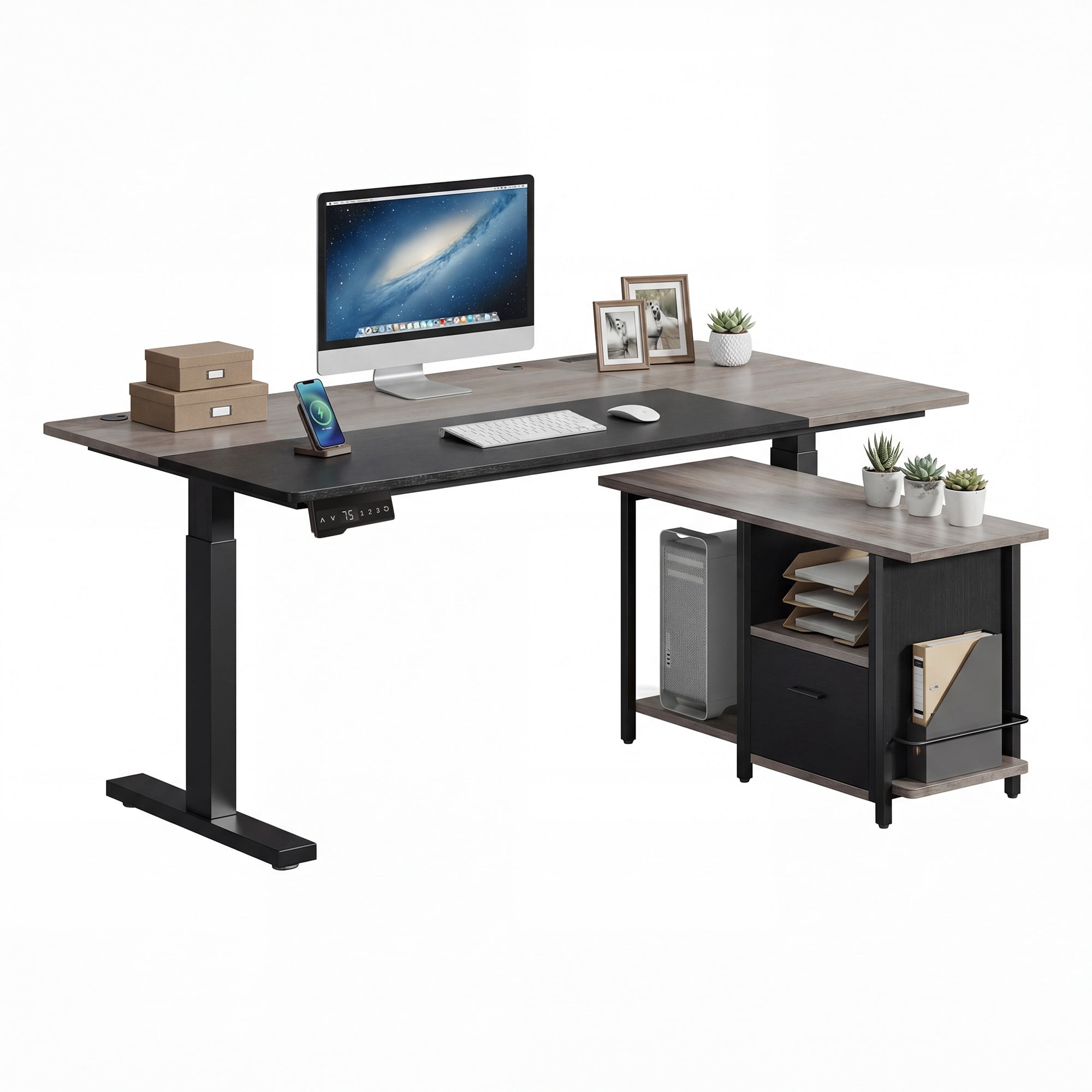 Dextrus 70.1" L Shaped Electric Standing Desk with Power Outlets, Adjustable Height Sit Stand Corner Executive Desk with Drawers & Shelves, Grey + Black