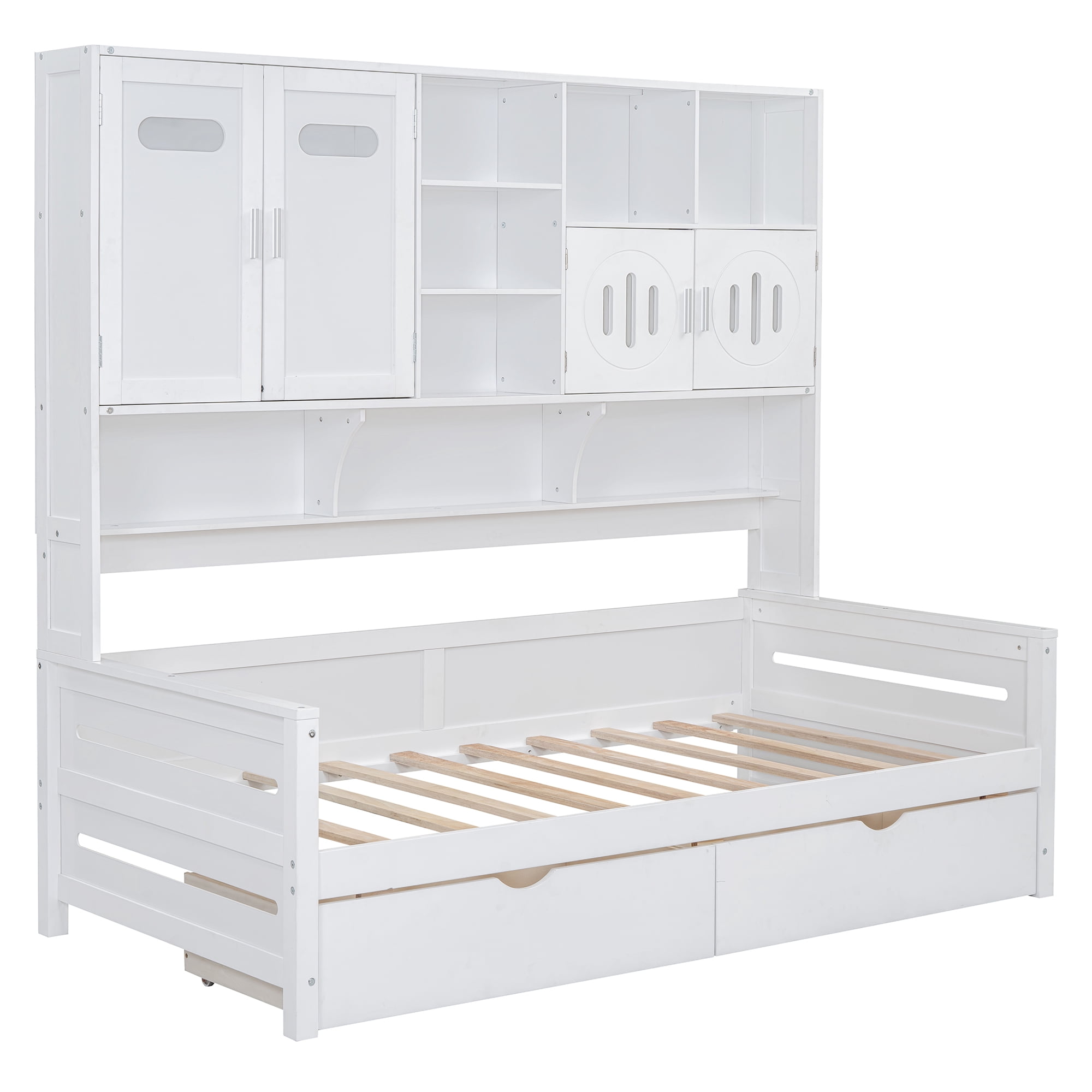 Mintazer Twin Platform Bed with Side Bookcase & 2 Drawer and 2 Cabinets, All-in-One Wood Storage Daybed Frame for Kids Teens Bedroom Guest Room, White