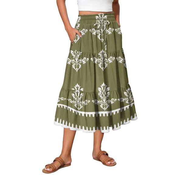 Women's Summer Floral Pattern High Waist Flowy Midi Printed Casual Skirt A Line Fashion Army Green L