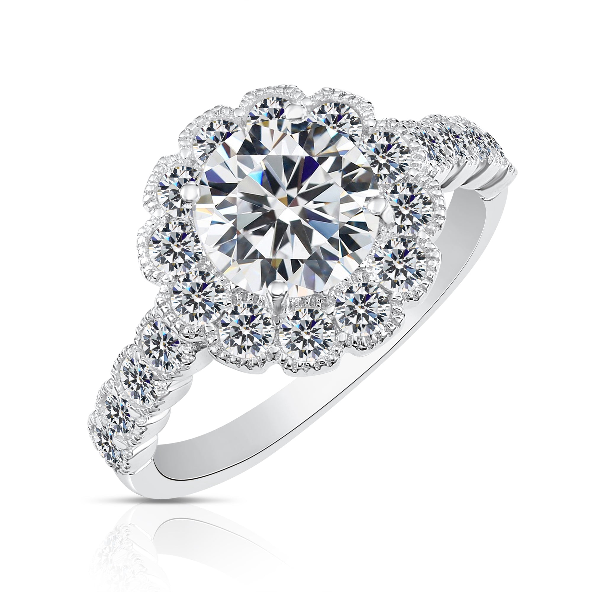Tilo Jewelry .925 Sterling Silver Flower Halo Engagement Ring with Cubic Zirconia CZ Stones| Size 5 | Women & Girls