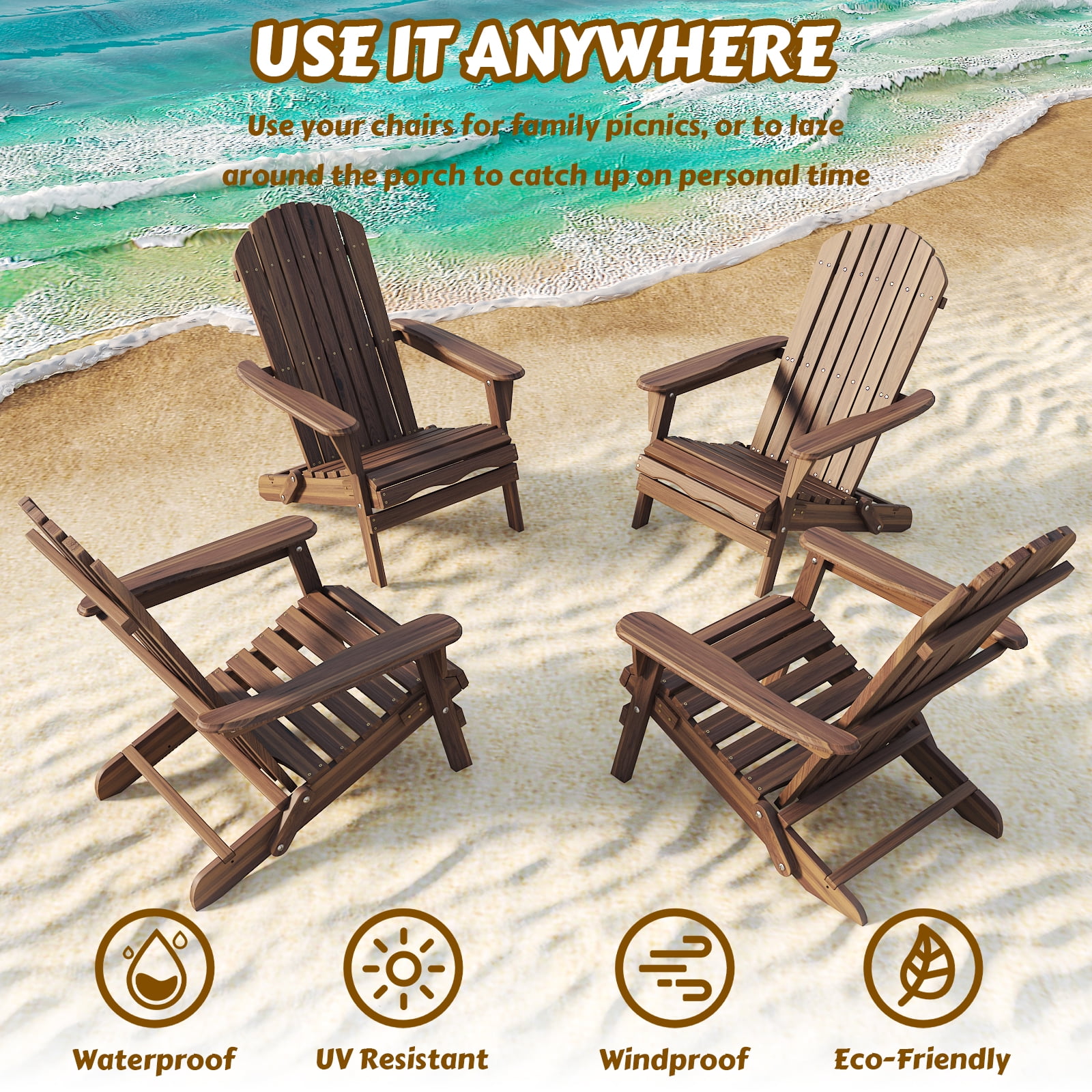 Ktaxon 1 Pack Patio Wood Adirondack Chair, Garden Chaise Chair Outdoor Folding Chair, Wooden Chair for Patio, Garden, Carbonized Color