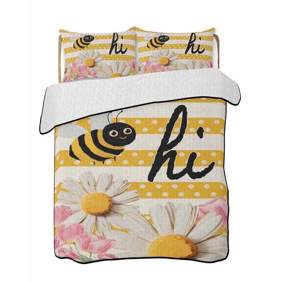 Twin XL Quilt Bedding Set, Spring Bees Daisy Reversible Summer Quilt 3 Pieces, Rustic Tulips Dots Yellow Striped Burlap Lightweight Bedspreads Coverlets with 2 Pillow Shams for All Seasons