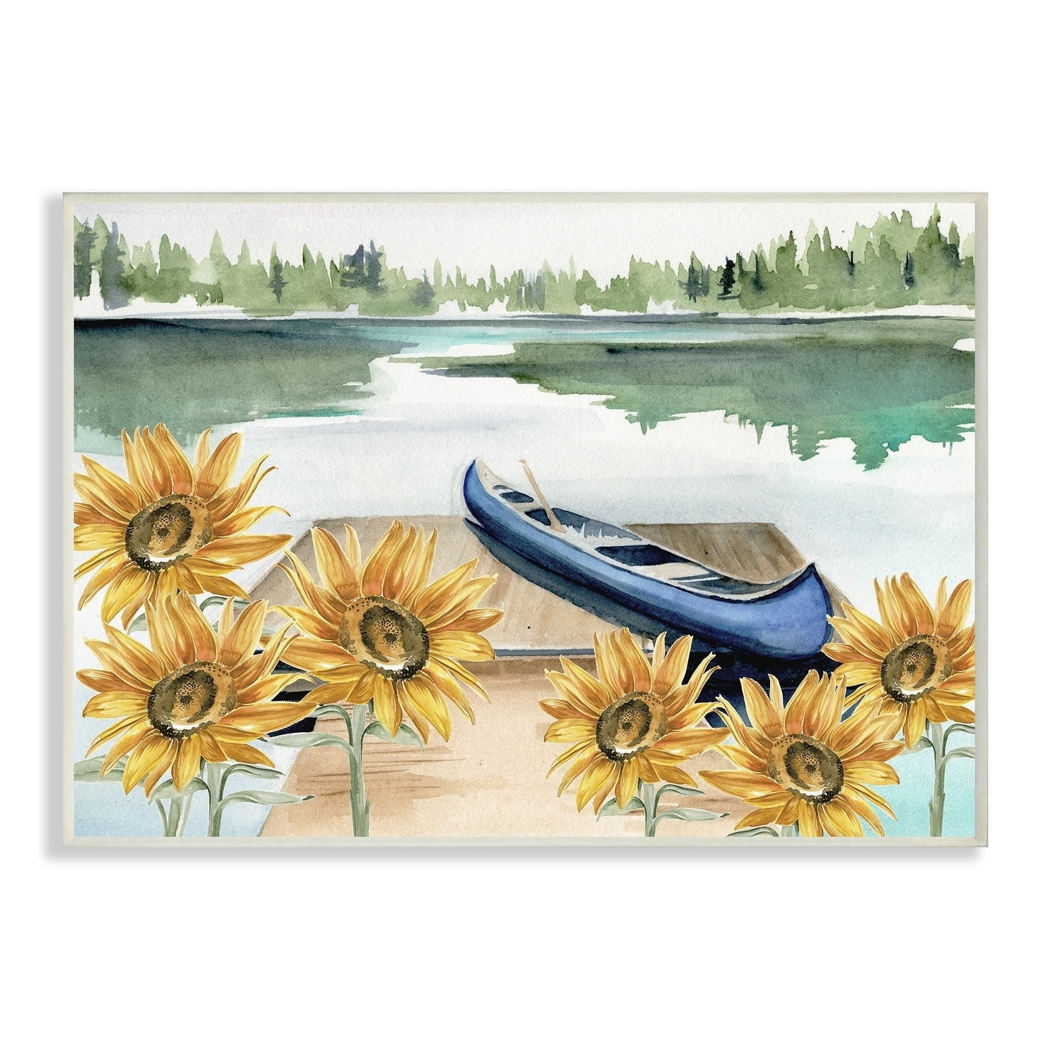 The Stupell Home Decor Collection Rowboat on a Calm Lake with Sunflowers Watercolor Painting Oversized Wall Plaque Art, 12.5 x 0.5 x 18.5