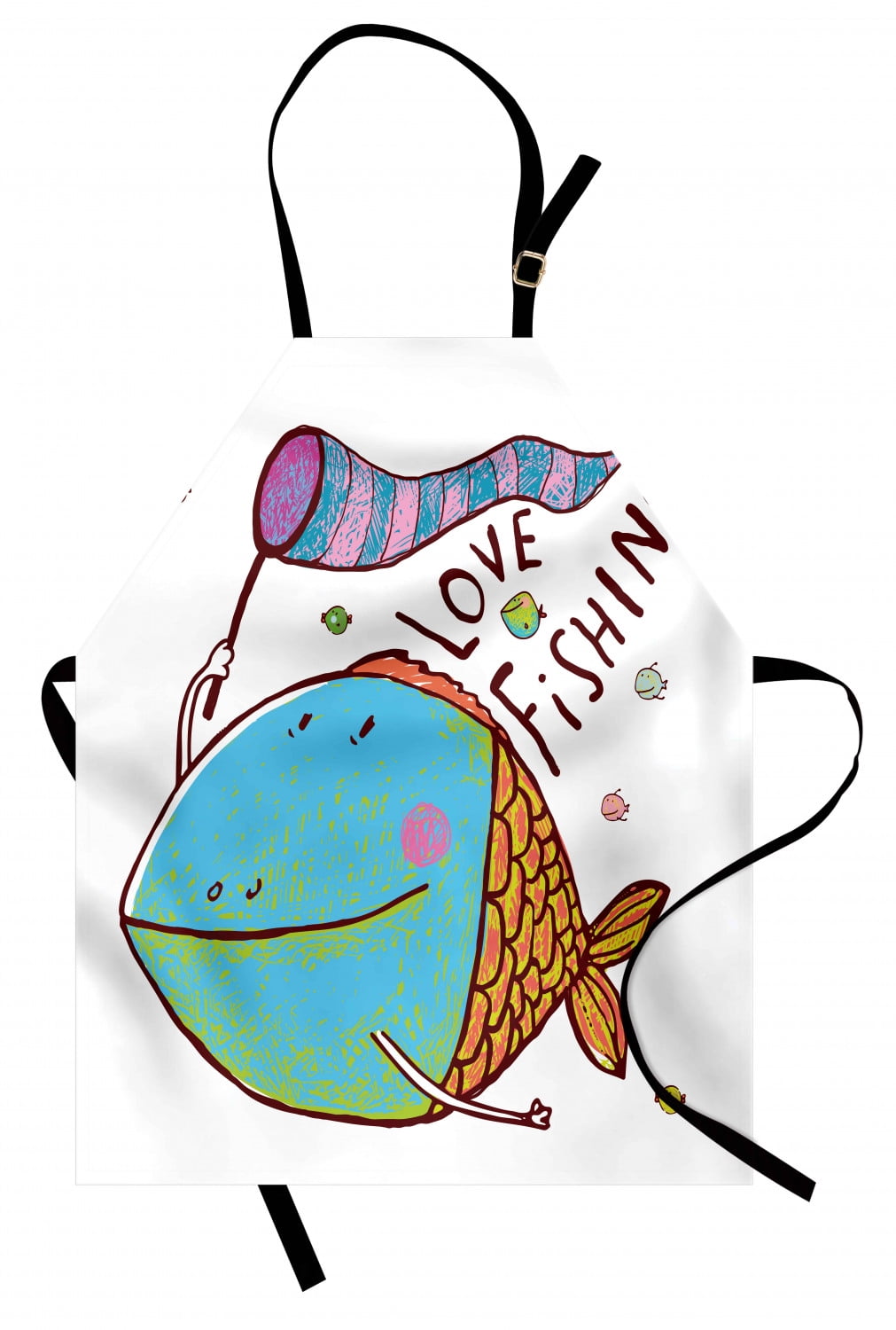 Fishing Apron Kids Cute Large Fat Fish Holding a Flag with Love Quote Humor Fun Nursery Theme, Unisex Kitchen Bib Apron with Adjustable Neck for Cooking Baking Gardening, Multicolor, by Ambesonne