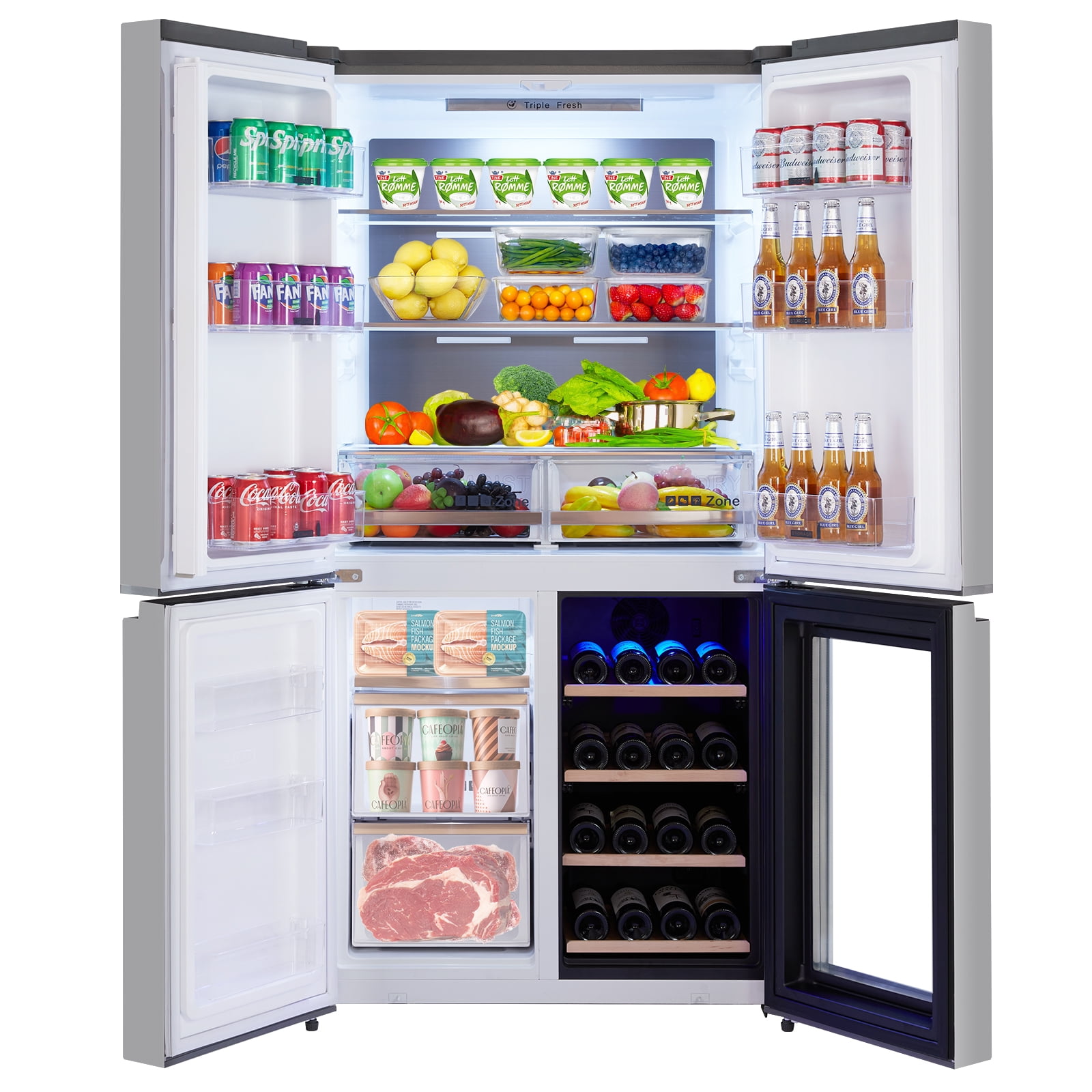 Maritcute 21 Cu.ft French Door Counter Depth Refrigerator, Large Capacity Refrigerator and Freezer, 36 Inch Fridge with Ice Maker, Bottom Freezer, Interior LED Light, Wine Cabinet