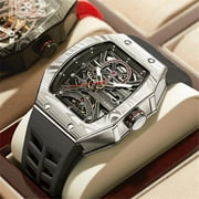 JINLERY Skeleton Automatic Mechanical Men Tourbillon Tonneau Wrist Watch Steel Silicone Sapphire Crystal Waterproof Richard Kinetic Hollow Clock Luminous