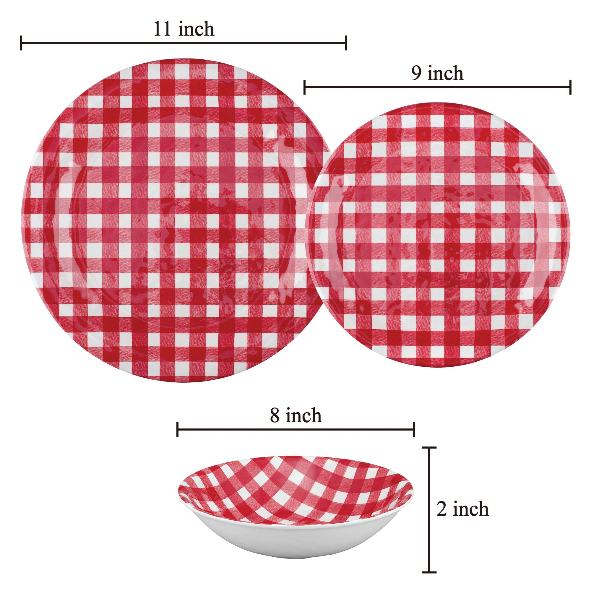 Gourmet Art 12 Piece Melamine Dinnerware Set Includes Dinner Plates Salad Plates Bowls Service for 4. Red Gingham Walmart
