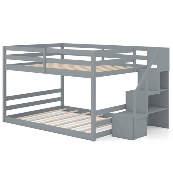 Resenkos Solid Wood Twin Over Full Low Bunk Bed with Staircase Storage, Compact Design for Siblings with Different Space Needs, White