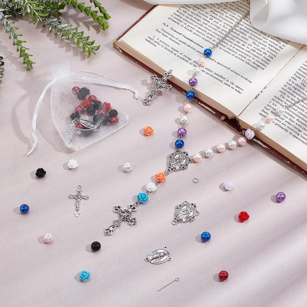 1set 647pcs Rosary Jewelry Making Kit Prayer Making Supplies Necklace Set 8mm Glass Pearl Beads Cross Charms Rose Beads for Mubarak Ramadan Jewelry Making Bracelet Earring