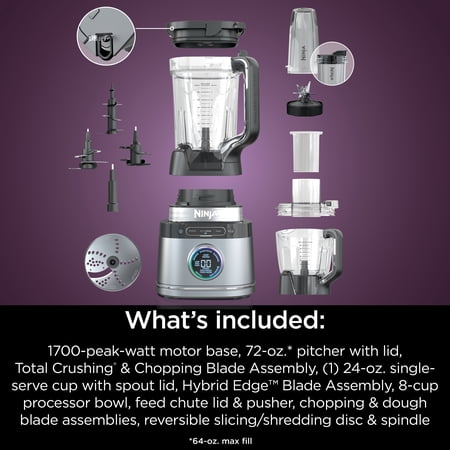 NINJA DETECT KITCHEN SYSTEM 72-OZ BLENDER, FEED CHUTE WITH SLICING & SHREDDING DISC, 3 SPEEDS, SMOOTHIES, CRUSH, CHOP, DOUGH, BLENDSENSE TECHNOLOGY, 1700PW, TB400WM SILVER