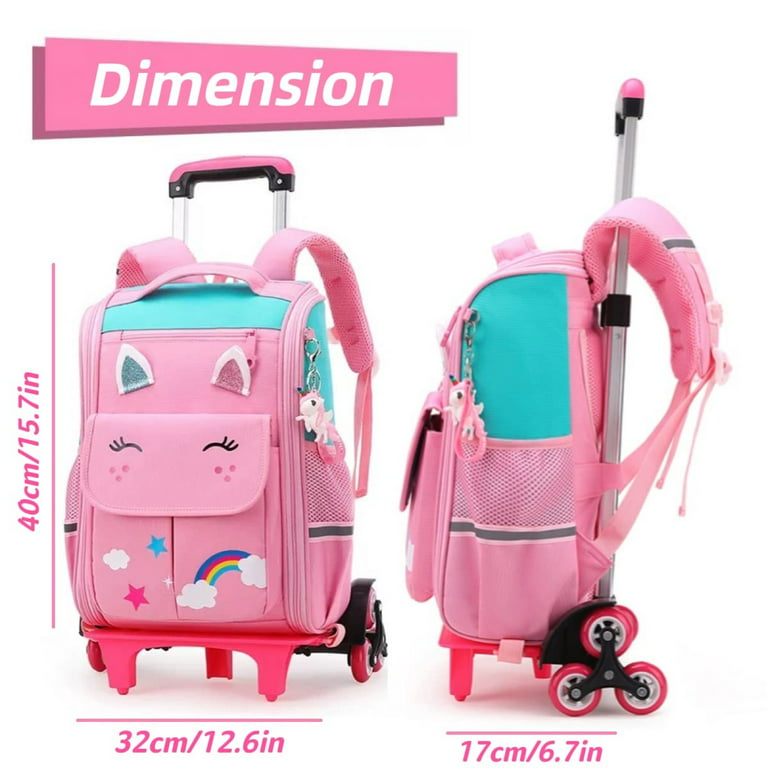 lvyH Kids Rolling Backpack 16 Inches Girls Boys Lightweight Trolley Wheeled  Schoolbag for School Travel,Pink 