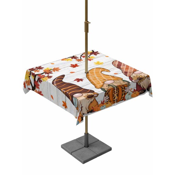 Outdoor Tablecloth with Umbrella Hole and Zipper, Fall Thanksgiving Square Table Cloth 54x54 Inch Waterproof Tablecloth, Maple Leaf Pumpkin Gnomes Gray Wooden Picnic Table Cover for Patio Camping