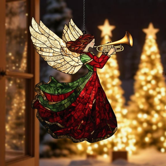 Whimsical Angel Suncatcher Ornament, Christmas Angel with Trumpet, Holiday Wall Art, Acrylic Window Hanging for Home Decor