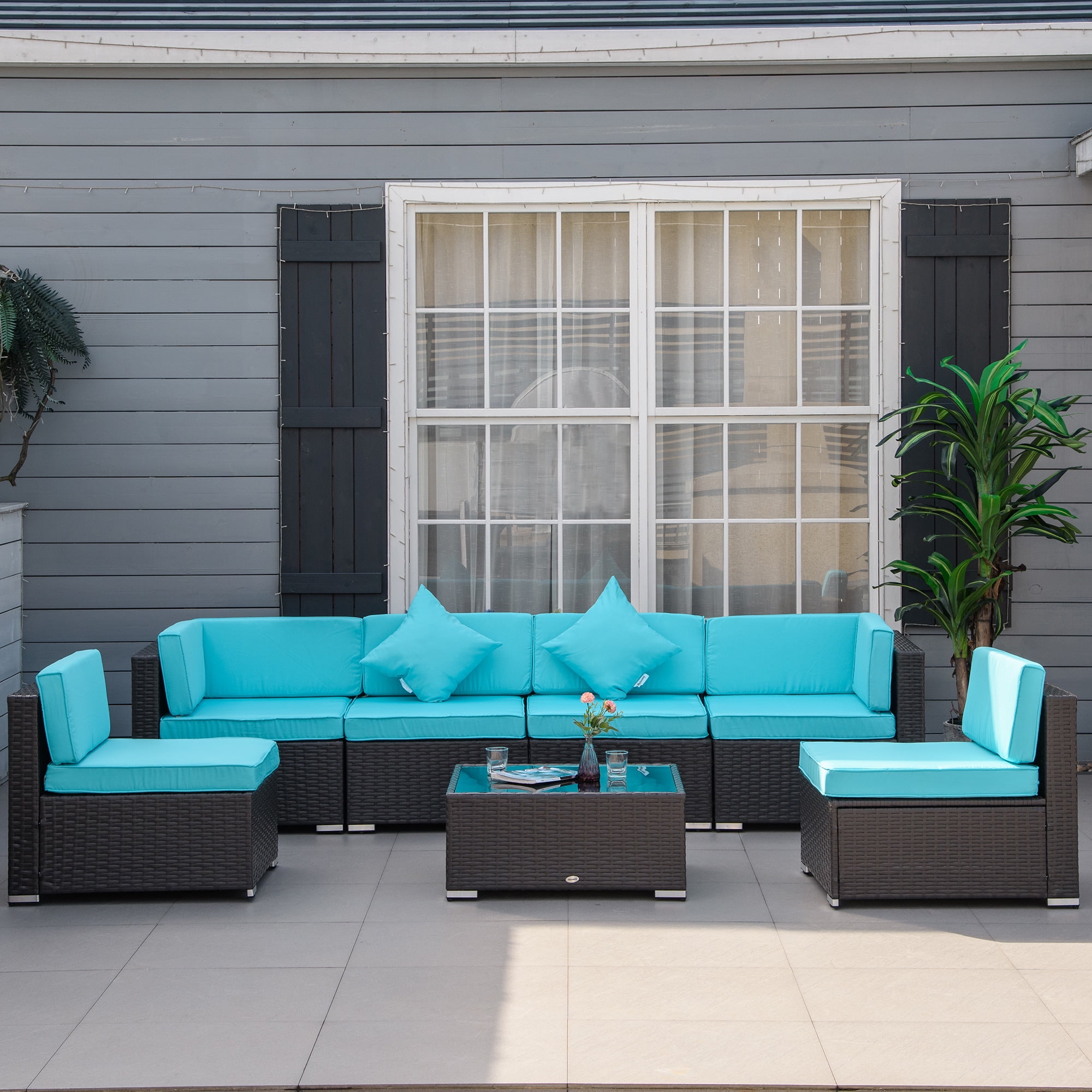 Outsunny 7 Piece Patio Furniture Set, Wicker Outdoor Sectional Sofa Set, All Weather PE Rattan Outdoor Furniture Conversation Sets with Cushions, Glass Top Coffee Table, Pillows, Turquoise