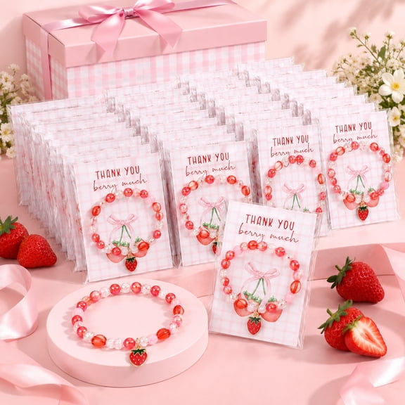 25 Sets Strawberry Bracelets with Thank You Cards and Bags, Strawberry Party Favors for Birthday, Wedding and Bridal Shower