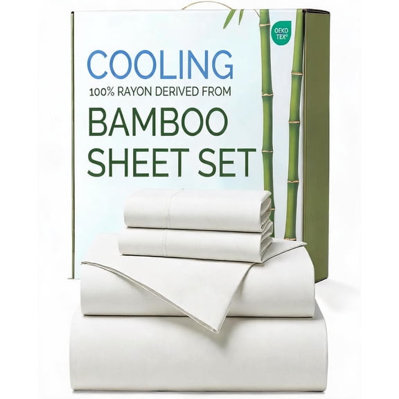 Rayon from Bamboo Queen Size Cooling Sheets Set with 16 Inch Deep Pockets in White