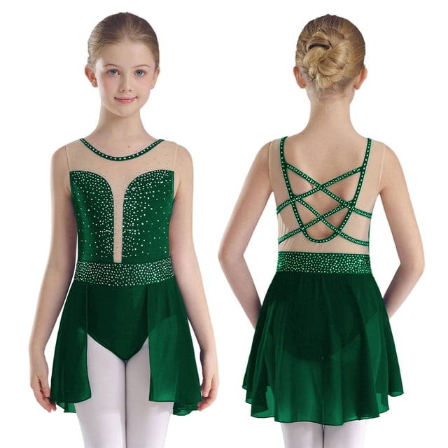 Sxiwei Gymnastics Leotard for Girls Shiny Rhinestone Mesh Patchwork Ballet Dance Dress Performance Green 12