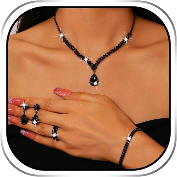 DESIGNICE Black Jewelry Set Rhinestone Necklace Earrings Wedding Prom Party Neck Jewelry for Women