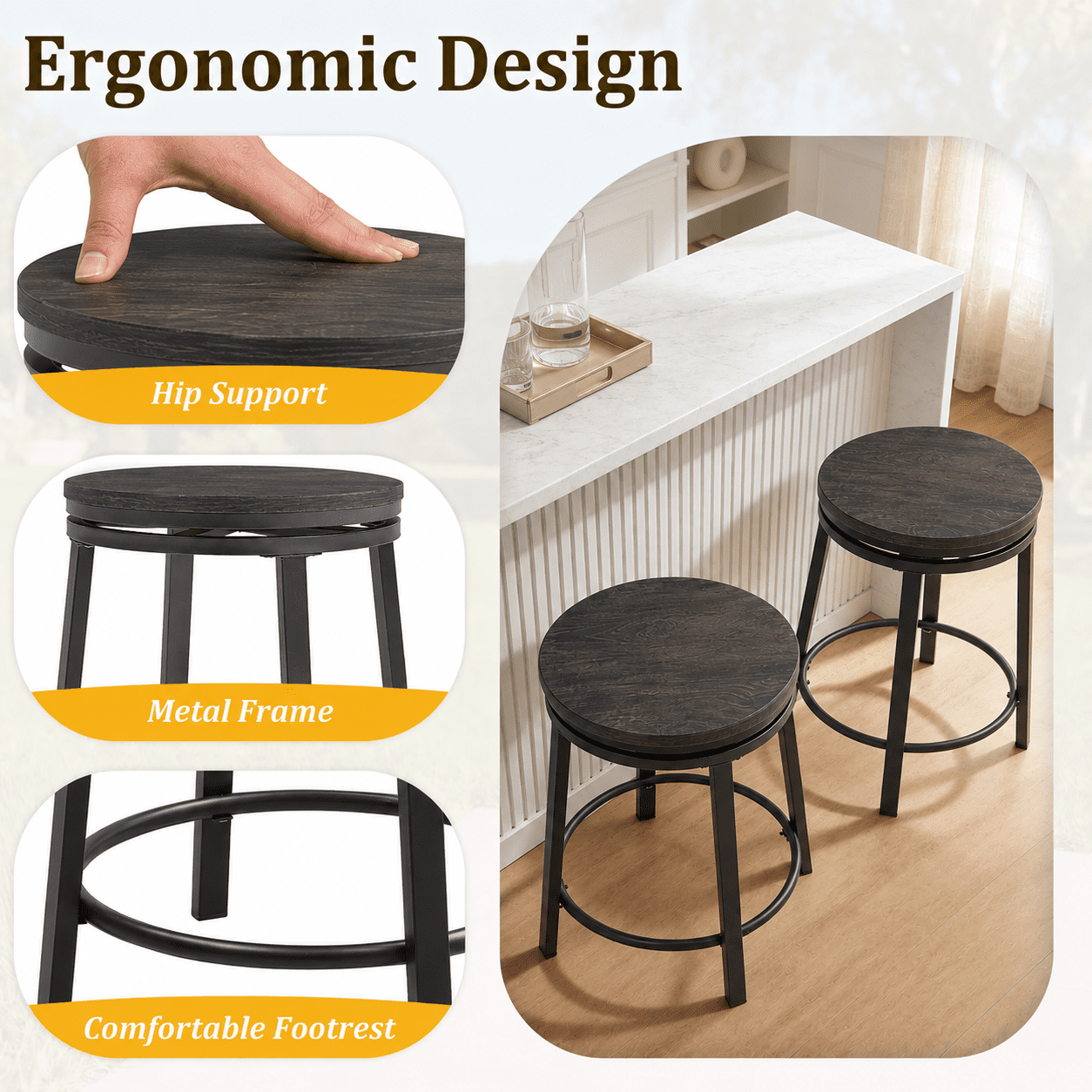 MOONMISS 360° Degree Swivel Bar Stool - Counter Height Metal Frame Stool for Kitchen Island, Home Bar &Cafe(Setof 2),Black