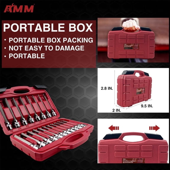 3/8 Inch Drive  Long Allen Socket Set, S2 Alloy Steel, 19-Piece Metric & SAE, Auto Repair Tools