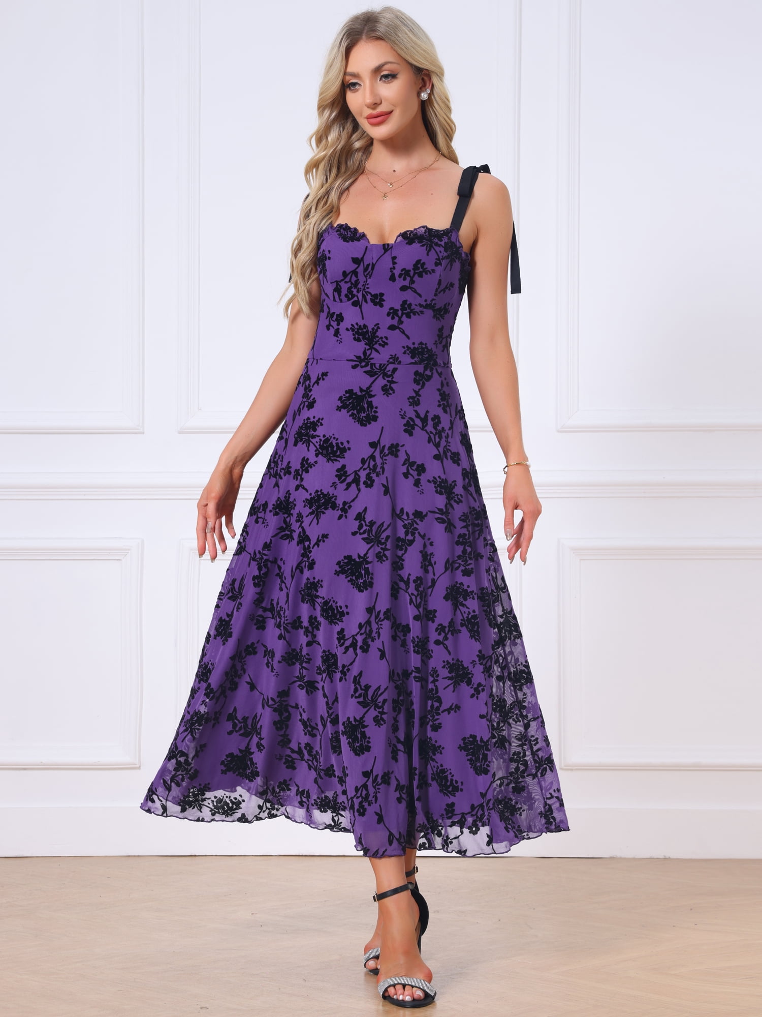 DARING DIVA Women's Gothic Floral Print Sleeveless Crew Neck Cocktail Dress M Dark Purple