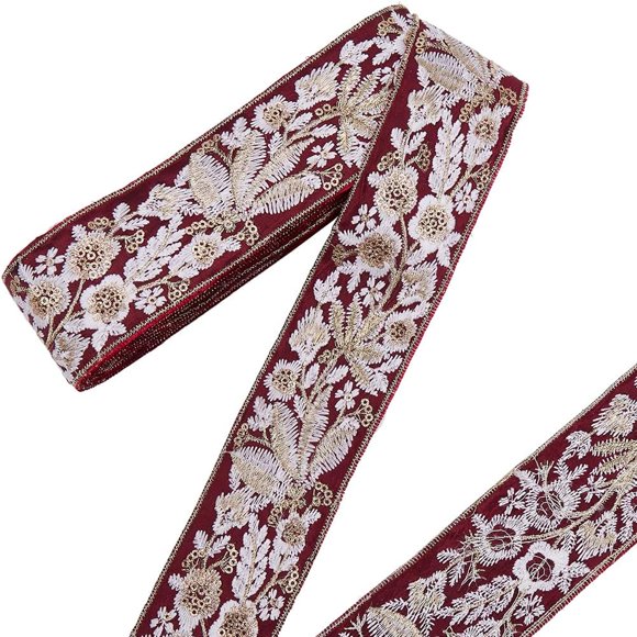 15 Yards 1.85 Inch red Flower Jacquard Ribbons Floral Embroidered Trim Tape Gold Sequin Embroidery Woven Applique Fabric Trimming for Sewing Making Craft Clothes Curtain