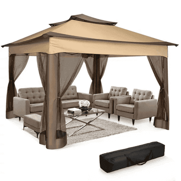 COBIZI 11x11 Pop up Gazebo Outdoor Canopy Gazebo Patio Gazebo with Mosquito Netting Canopy Shelter with 121 Square feet of Shade for Poolside, Garden, Party and Backyard, Brown