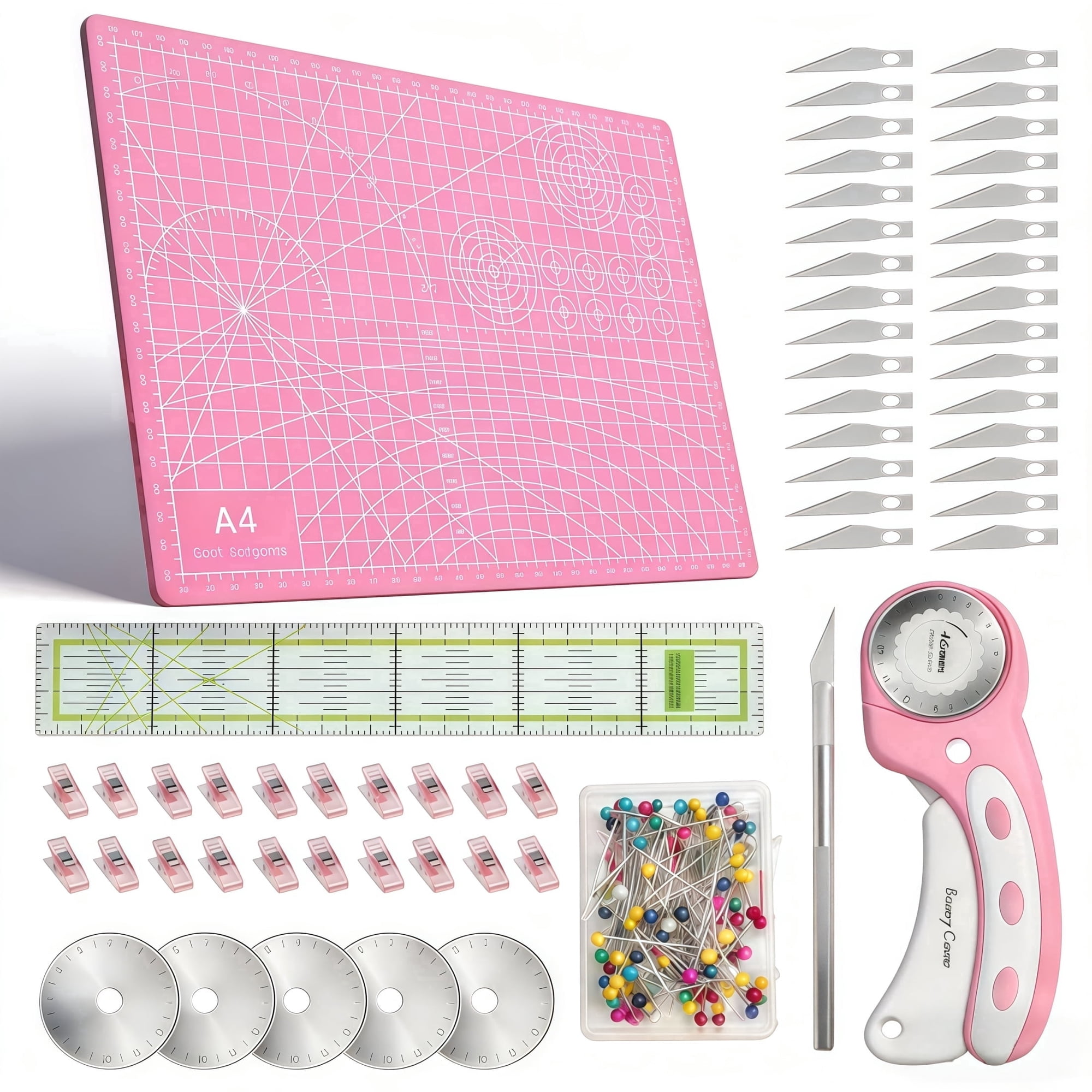 45mm Rotary Cutters Set -Rotating Fabric Cutting Tool Set with 5 Blades, with A4 Self Healing Cutting Mat, Acrylic Ruler and Sewing Clip, Positioning Needle, Cutting Knife ,Suitable for Crafting