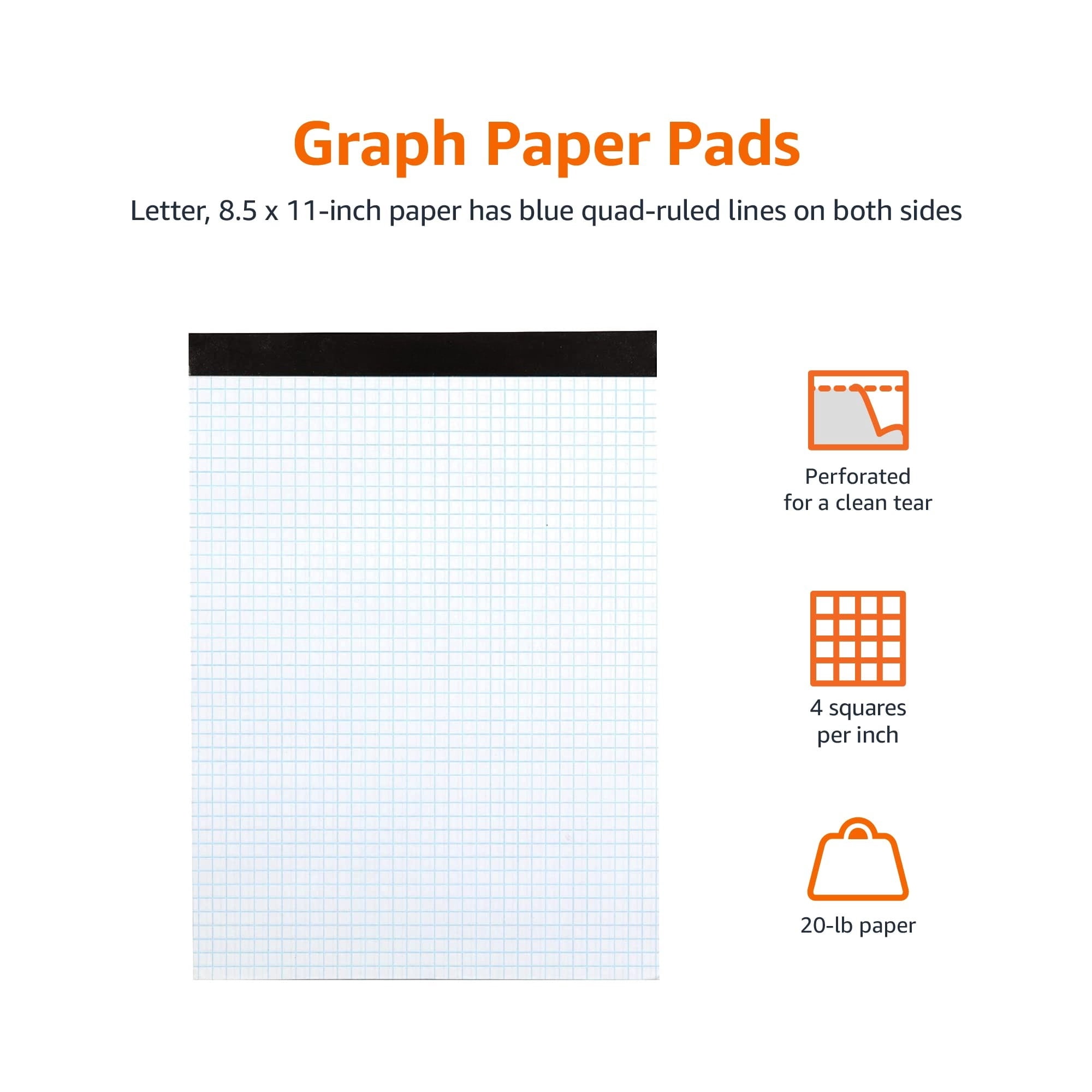 Quad-Ruled Graph Paper Pad with Sturdy Back, Perforated, 8.5" x 11.75", White, 100 Sheets/Pad, 2-Pack