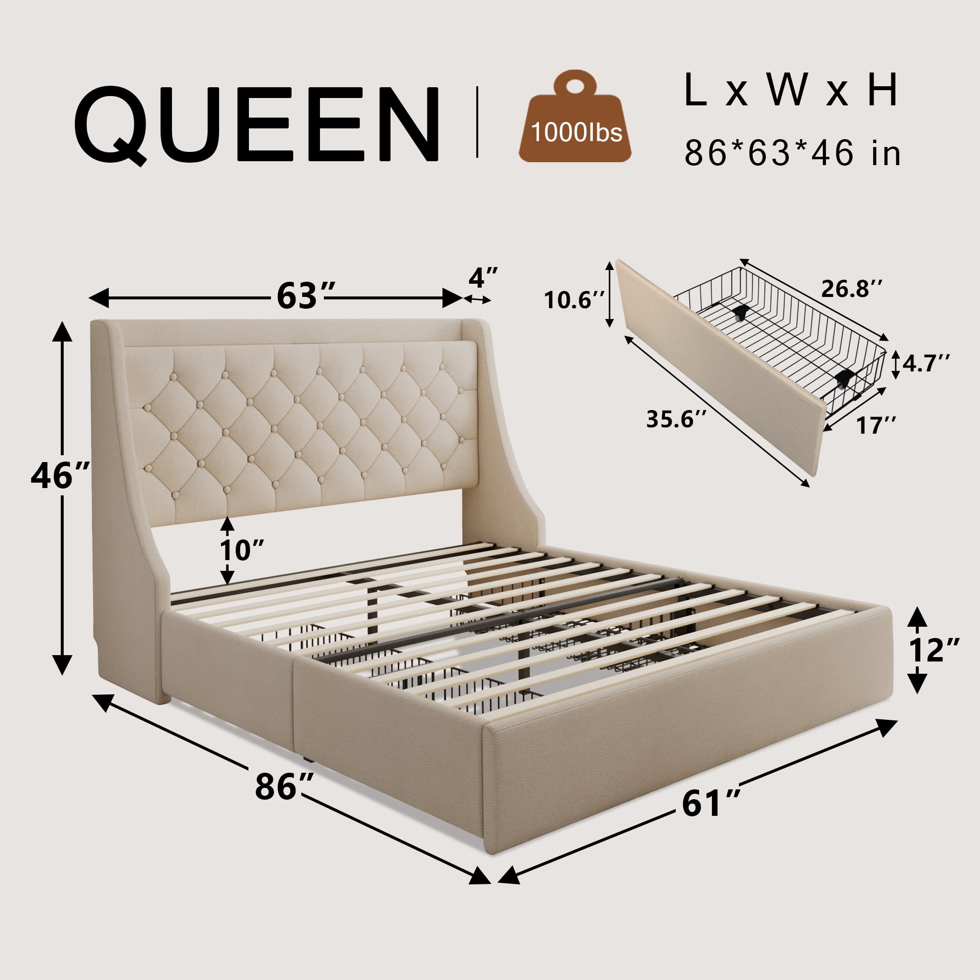 Honfach Queen Bed Frame with 4 Storage Drawers, Upholstered Storage Bed with Charging Station, Wingback Storage Headboard, No Box Spring Needed,Beige