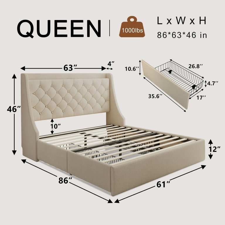 Honfach Queen Bed Frame, Upholstered Storage Bed with 4