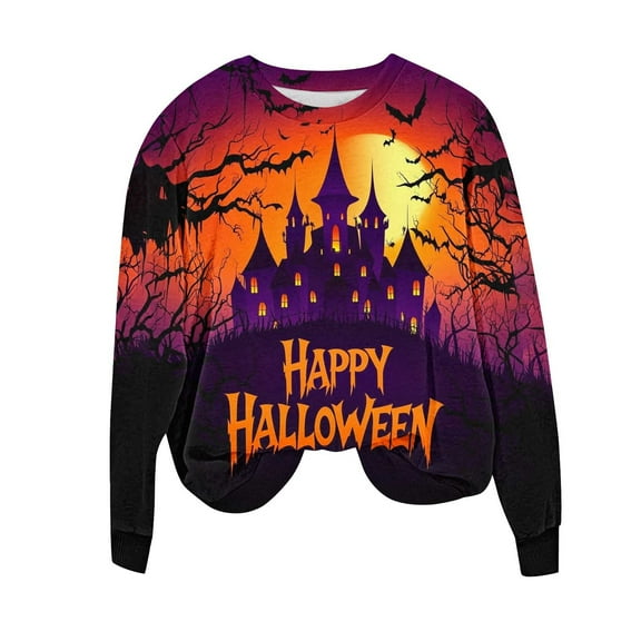 Uootdi Women's Halloween Sweatshirt - Spooky Castle Bat Print,Happy Halloween Graphic，Crewneck Long Sleeve，Trendy Fall Apparel,Autumn Party Outfit Multicolor Women Tops