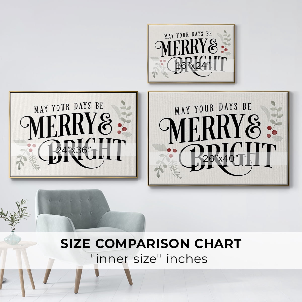 Merry Sentiment II - Framed Gallery Wrapped Holiday Canvas - 17 x 25 - Gold Frame