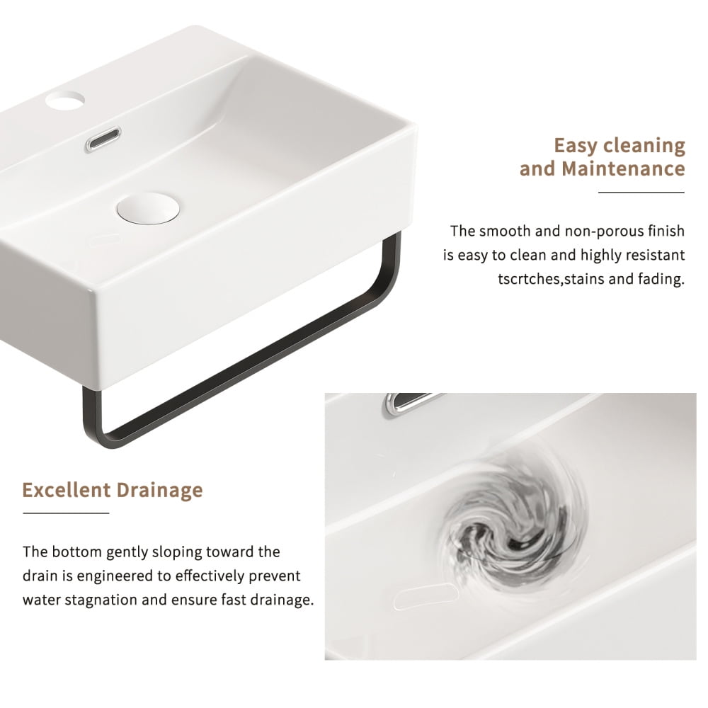 White Wall Mounted Vessel Sink with Towel Rack Small Bathroom Sink for Tight Spaces Modern Floating Vanity with Faucet Hole