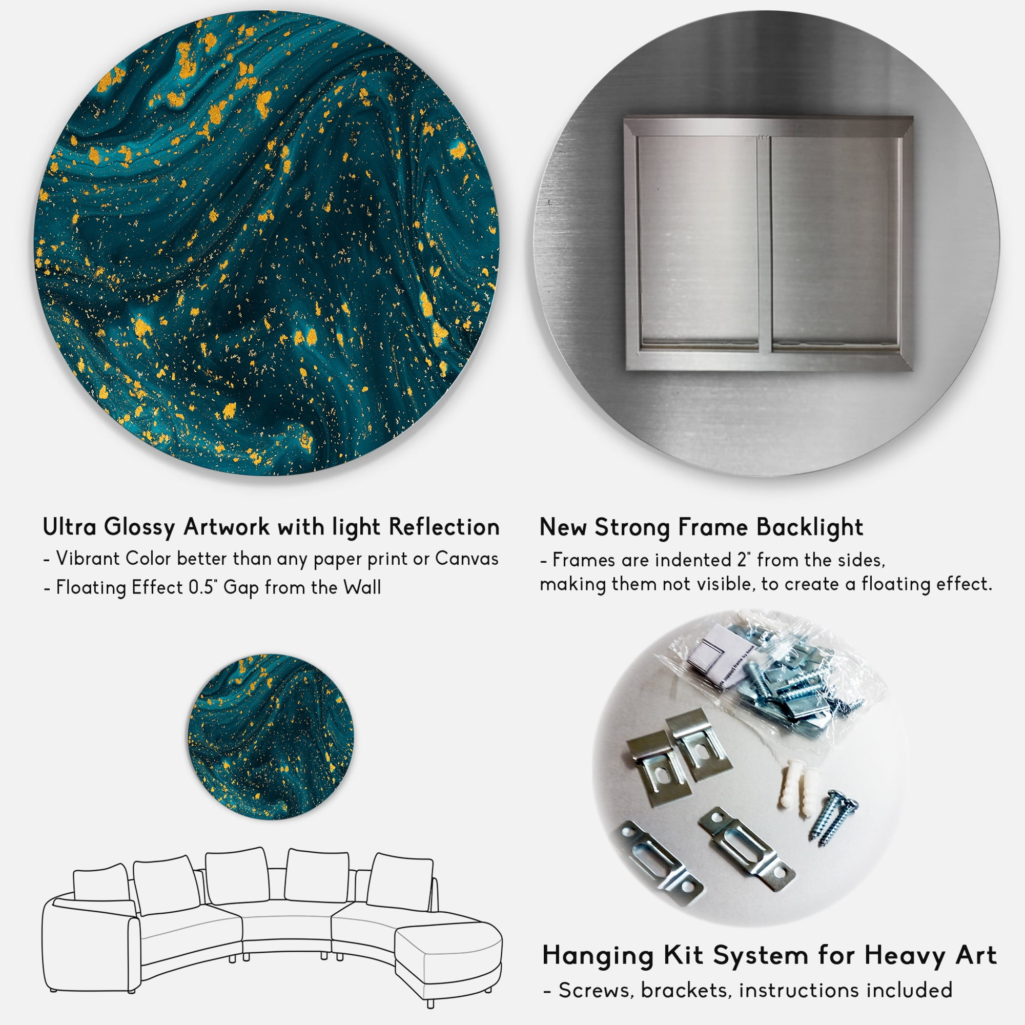Designart 'Golden Glitter With Dark Blue Marble' Modern Circle Metal Wall Art 36x36 - Disc of 36