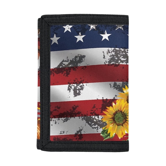 Chririnla Children's Wallet American Flag Highland Cow Sunflower Print Foldable Trifold Card Wallet for Sports, Polyester Dustproof Kids Trifold Wallet