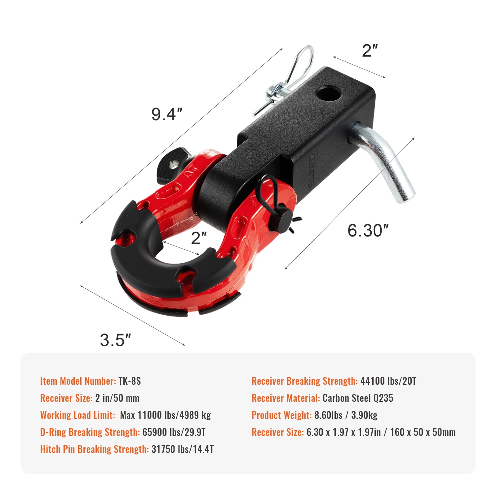 KFFKFF Hitch Receiver Shackle, Compatible with 2" Receivers, Capable of Withstanding 65900 lbs, Includes D Ring Shackle and Trailer Hitch Lock Pin, Robust Towing Equipment for Trucks, Jeeps