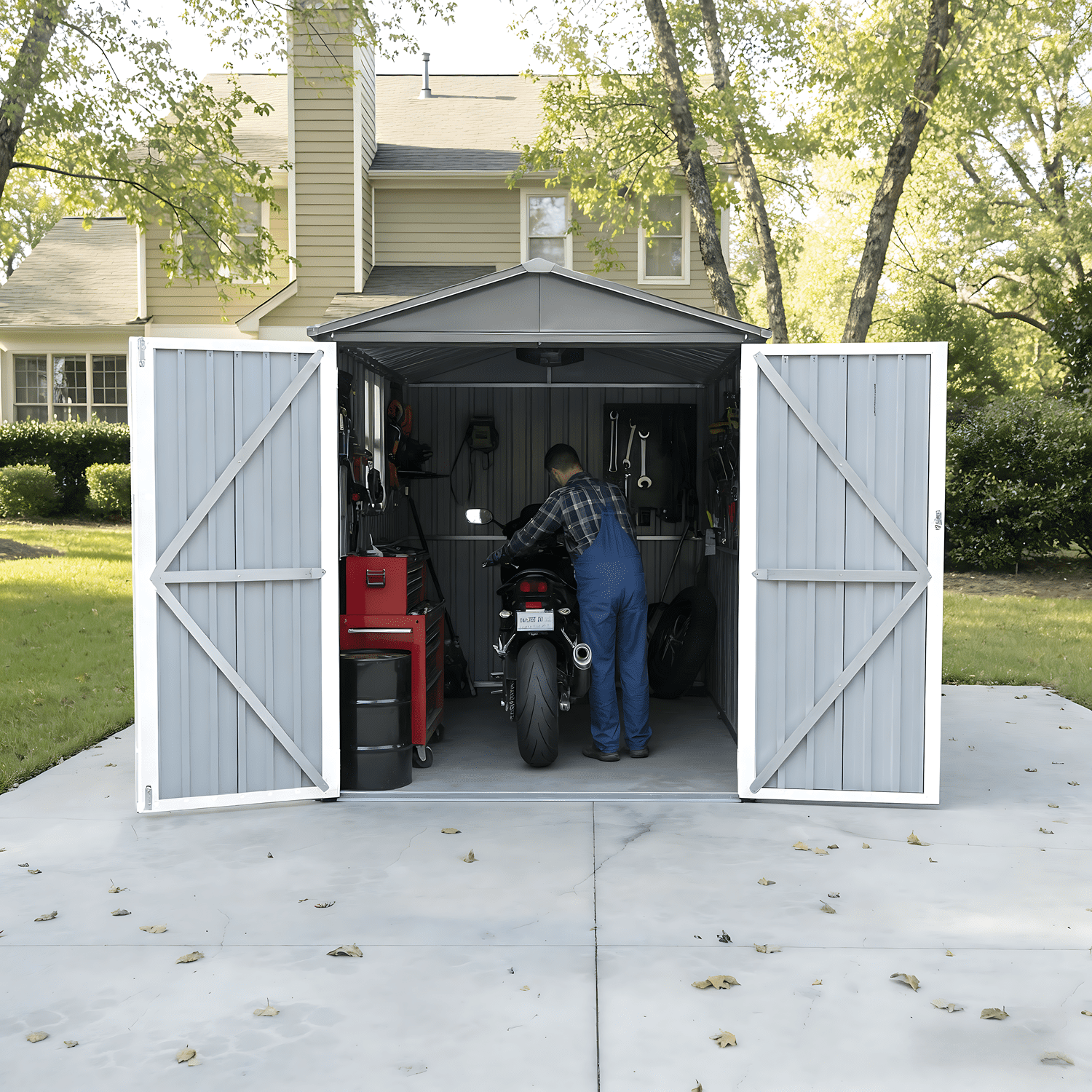 Mintazer 10×6ft Outdoor Motorcycle Storage Shed with Window, Large Garden Tool Storage Building for Backyard Lawn Patio, Light Gray