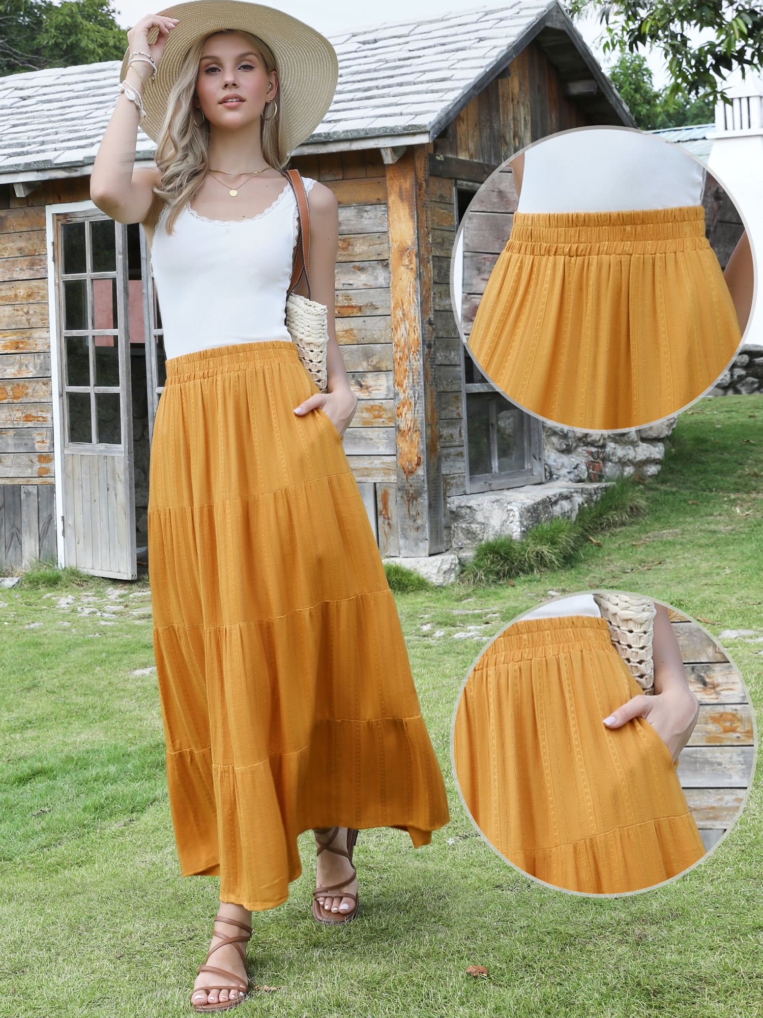 DARING DIVA Women's Summer Maxi Skirts Flowy Ruffle A-Line Skirt Medium Yellow