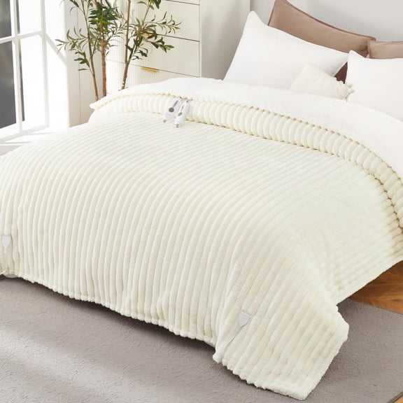 Heated Blanket Electric Throw, Soft Ribbed Faux Rabbit Fur Electric Blanket with 4 Heat Levels, 4 hrs Timer Auto Shut Off, Machine Washable, Gifts for Grandma