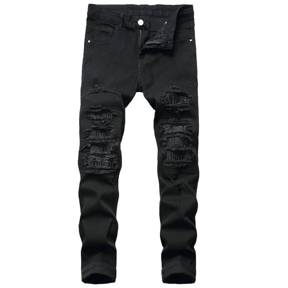 WREESH Men's Ripped Jeans Slim Fitting Destroyed Denim Pants Casual Cotton Straight Trousers Jeans Pants Full Length Pants Black