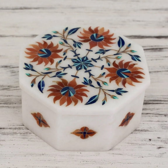White Marble Ring Box Carnelian Pietra Dura Art