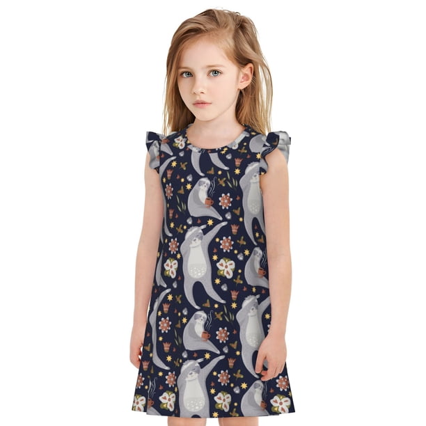 Fotbe Sloths Dancing Vestido de Dormir para Niñas de 3 a 10 Años, Mangas Cortas, Estilo Princesa, Pijama Camisón con Mangas Voladas-Large