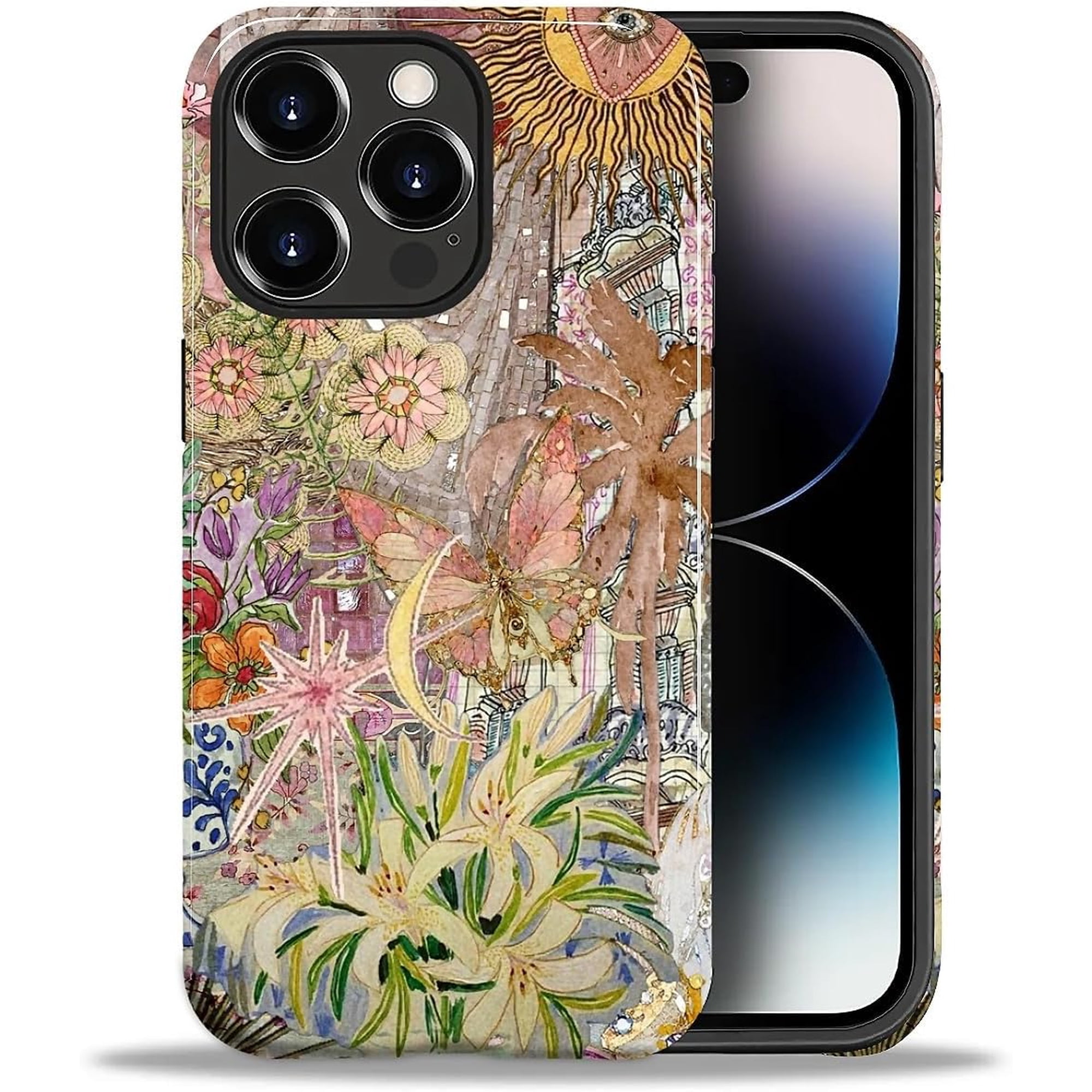 Case for iPhone 14 Pro Max, Hybrid Heavy Duty 2 in 1, PC Hard Shell & Silicone Inner Bumper, Anti-Scratch Full-Body Cover Shockproof Slim Design Case - Vintage Girl Butterfly