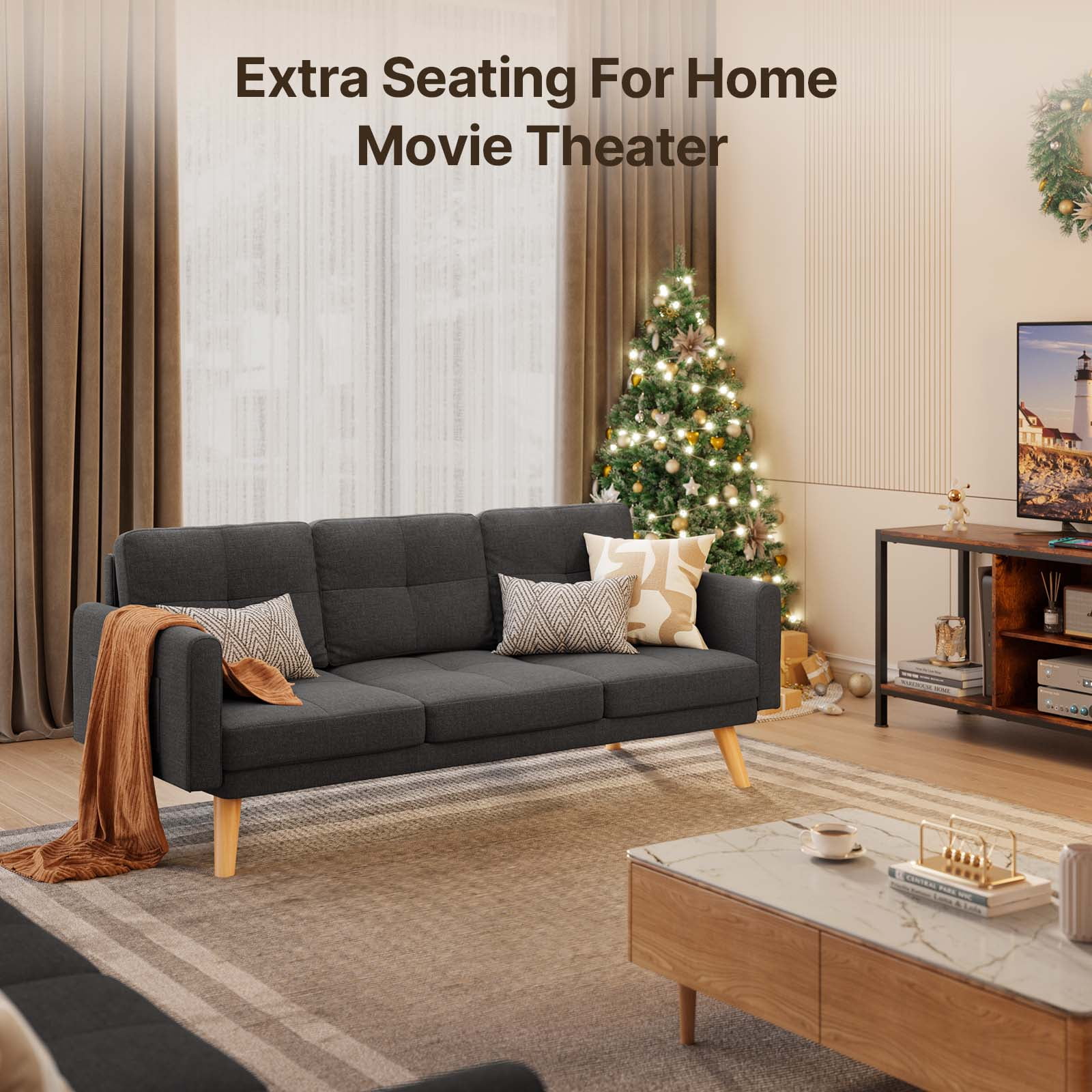Lofka 68" Sofa and Couch with Side Storage Pocket and 4" Thick Cushions for Living Room, Dark Gray Modern Home Furniture