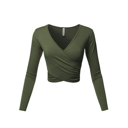 White Stripe V-neck Top - FashionOutfit Women's Solid V-Neck Crossover Shirred Wrap Front Long Sleeves Crop Top